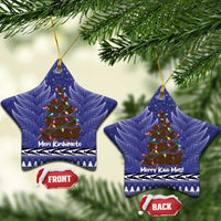 Kiwi New Zealand Christmas Ceramic Ornament Meri Kirihimete Silver Fern - Blue Color