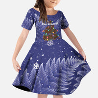 Kiwi New Zealand Christmas Family Matching Off Shoulder Maxi Dress and Hawaiian Shirt Meri Kirihimete Silver Fern - Blue Color LT14 Daughter's Dress Blue - Polynesian Pride