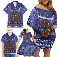 Kiwi New Zealand Christmas Family Matching Off Shoulder Short Dress and Hawaiian Shirt Meri Kirihimete Silver Fern - Blue Color LT14 - Polynesian Pride
