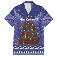 Kiwi New Zealand Christmas Family Matching Off Shoulder Short Dress and Hawaiian Shirt Meri Kirihimete Silver Fern - Blue Color LT14 Dad's Shirt - Short Sleeve Blue - Polynesian Pride