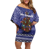 Kiwi New Zealand Christmas Family Matching Off Shoulder Short Dress and Hawaiian Shirt Meri Kirihimete Silver Fern - Blue Color LT14 Mom's Dress Blue - Polynesian Pride