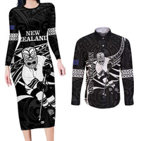Custom Aotearoa Ice Hockey Couples Matching Long Sleeve Bodycon Dress and Long Sleeve Button Shirt NZ Tiki Mascot - Maori Pattern