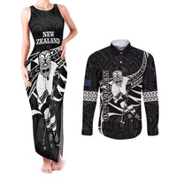Custom Aotearoa Ice Hockey Couples Matching Tank Maxi Dress and Long Sleeve Button Shirt NZ Tiki Mascot - Maori Pattern