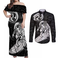 Personalised New Zealand Surfing Couples Matching Off Shoulder Maxi Dress and Long Sleeve Button Shirt Aotearoa Maori Tiki Haka