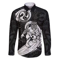 Personalised New Zealand Surfing Family Matching Short Sleeve Bodycon Dress and Hawaiian Shirt Aotearoa Maori Tiki Haka LT14 Dad's Shirt - Long Sleeve Black - Polynesian Pride