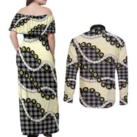 Black Palaka Hawaii Couples Matching Off Shoulder Maxi Dress and Long Sleeve Button Shirt Kukui Nut Pikake Lei Hawaiian Tapa Pattern - Polynesian Pride