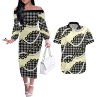 Black Palaka Hawaii Couples Matching Off The Shoulder Long Sleeve Dress and Hawaiian Shirt Kukui Nut Pikake Lei Hawaiian Tapa Pattern LT14 Black - Polynesian Pride