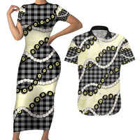 Black Palaka Hawaii Couples Matching Short Sleeve Bodycon Dress and Hawaiian Shirt Kukui Nut Pikake Lei Hawaiian Tapa Pattern - Polynesian Pride