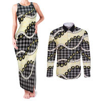 Black Palaka Hawaii Couples Matching Tank Maxi Dress and Long Sleeve Button Shirt Kukui Nut Pikake Lei Hawaiian Tapa Pattern - Polynesian Pride