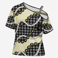 Black Palaka Hawaii Cross Shoulder Shirt Kukui Nut Pikake Lei Hawaiian Tapa Pattern - Polynesian Pride