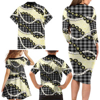 Black Palaka Hawaii Family Matching Long Sleeve Bodycon Dress and Hawaiian Shirt Kukui Nut Pikake Lei Hawaiian Tapa Pattern - Polynesian Pride