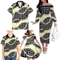 Black Palaka Hawaii Family Matching Off The Shoulder Long Sleeve Dress and Hawaiian Shirt Kukui Nut Pikake Lei Hawaiian Tapa Pattern - Polynesian Pride