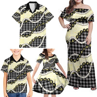 Black Palaka Hawaii Family Matching Off Shoulder Maxi Dress and Hawaiian Shirt Kukui Nut Pikake Lei Hawaiian Tapa Pattern LT14 - Polynesian Pride