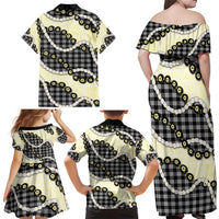Black Palaka Hawaii Family Matching Off Shoulder Maxi Dress and Hawaiian Shirt Kukui Nut Pikake Lei Hawaiian Tapa Pattern LT14 - Polynesian Pride