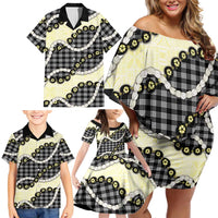 Black Palaka Hawaii Family Matching Off Shoulder Short Dress and Hawaiian Shirt Kukui Nut Pikake Lei Hawaiian Tapa Pattern - Polynesian Pride