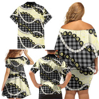 Black Palaka Hawaii Family Matching Off Shoulder Short Dress and Hawaiian Shirt Kukui Nut Pikake Lei Hawaiian Tapa Pattern - Polynesian Pride
