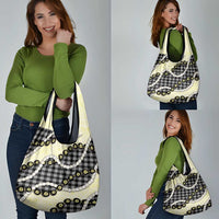 Black Palaka Hawaii Grocery Bag Kukui Nut Pikake Lei Hawaiian Tapa Pattern - Polynesian Pride