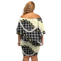 Black Palaka Hawaii Off Shoulder Short Dress Kukui Nut Pikake Lei Hawaiian Tapa Pattern - Polynesian Pride