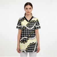 Black Palaka Hawaii Scrub Top Kukui Nut Pikake Lei Hawaiian Tapa Pattern - Polynesian Pride