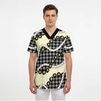 Black Palaka Hawaii Scrub Top Kukui Nut Pikake Lei Hawaiian Tapa Pattern - Polynesian Pride
