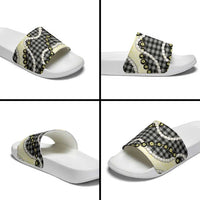 Black Palaka Hawaii Slide Sandals Kukui Nut Pikake Lei Hawaiian Tapa Pattern - Polynesian Pride