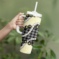 Black Palaka Hawaii Tumbler With Handle Kukui Nut Pikake Lei Hawaiian Tapa Pattern - Polynesian Pride