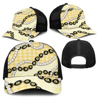 Yellow Palaka Hawaii Baseball Net Cap Kukui Nut Pikake Lei Hawaiian Tapa Pattern - Polynesian Pride