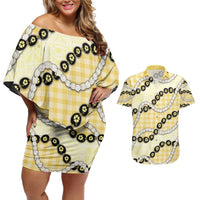 Yellow Palaka Hawaii Couples Matching Off Shoulder Short Dress and Hawaiian Shirt Kukui Nut Pikake Lei Hawaiian Tapa Pattern - Polynesian Pride