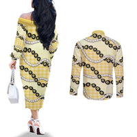 Yellow Palaka Hawaii Couples Matching Off The Shoulder Long Sleeve Dress and Long Sleeve Button Shirt Kukui Nut Pikake Lei Hawaiian Tapa Pattern - Polynesian Pride