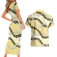 Yellow Palaka Hawaii Couples Matching Short Sleeve Bodycon Dress and Hawaiian Shirt Kukui Nut Pikake Lei Hawaiian Tapa Pattern LT14 - Polynesian Pride