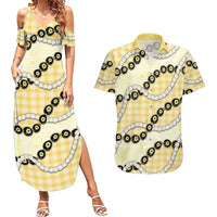 Yellow Palaka Hawaii Couples Matching Summer Maxi Dress and Hawaiian Shirt Kukui Nut Pikake Lei Hawaiian Tapa Pattern LT14 Yellow - Polynesian Pride