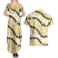 Yellow Palaka Hawaii Couples Matching Summer Maxi Dress and Hawaiian Shirt Kukui Nut Pikake Lei Hawaiian Tapa Pattern LT14 - Polynesian Pride