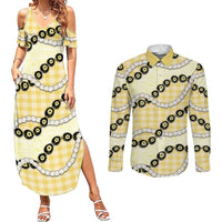 Yellow Palaka Hawaii Couples Matching Summer Maxi Dress and Long Sleeve Button Shirt Kukui Nut Pikake Lei Hawaiian Tapa Pattern LT14 Yellow - Polynesian Pride