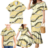 Yellow Palaka Hawaii Family Matching Mermaid Dress and Hawaiian Shirt Kukui Nut Pikake Lei Hawaiian Tapa Pattern - Polynesian Pride