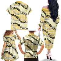 Yellow Palaka Hawaii Family Matching Off The Shoulder Long Sleeve Dress and Hawaiian Shirt Kukui Nut Pikake Lei Hawaiian Tapa Pattern - Polynesian Pride