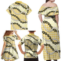 Yellow Palaka Hawaii Family Matching Off Shoulder Maxi Dress and Hawaiian Shirt Kukui Nut Pikake Lei Hawaiian Tapa Pattern - Polynesian Pride