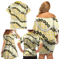 Yellow Palaka Hawaii Family Matching Off Shoulder Short Dress and Hawaiian Shirt Kukui Nut Pikake Lei Hawaiian Tapa Pattern - Polynesian Pride