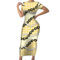 Yellow Palaka Hawaii Family Matching Short Sleeve Bodycon Dress and Hawaiian Shirt Kukui Nut Pikake Lei Hawaiian Tapa Pattern - Polynesian Pride
