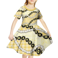 Yellow Palaka Hawaii Kid Short Sleeve Dress Kukui Nut Pikake Lei Hawaiian Tapa Pattern - Polynesian Pride