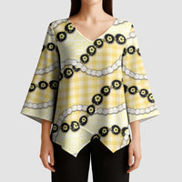 Yellow Palaka Hawaii Kimono Sleeve Blouse Kukui Nut Pikake Lei Hawaiian Tapa Pattern - Polynesian Pride