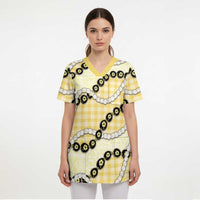Yellow Palaka Hawaii Scrub Top Kukui Nut Pikake Lei Hawaiian Tapa Pattern - Polynesian Pride