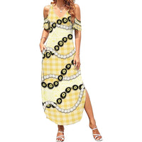 Yellow Palaka Hawaii Summer Maxi Dress Kukui Nut Pikake Lei Hawaiian Tapa Pattern - Polynesian Pride