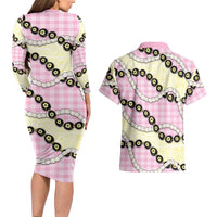 Pink Palaka Hawaii Couples Matching Long Sleeve Bodycon Dress and Hawaiian Shirt Kukui Nut Pikake Lei Hawaiian Tapa Pattern LT14 - Polynesian Pride