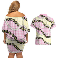 Pink Palaka Hawaii Couples Matching Off Shoulder Short Dress and Hawaiian Shirt Kukui Nut Pikake Lei Hawaiian Tapa Pattern LT14 - Polynesian Pride