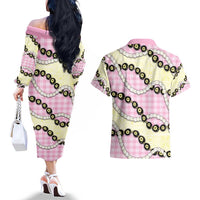 Pink Palaka Hawaii Couples Matching Off The Shoulder Long Sleeve Dress and Hawaiian Shirt Kukui Nut Pikake Lei Hawaiian Tapa Pattern - Polynesian Pride