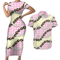 Pink Palaka Hawaii Couples Matching Short Sleeve Bodycon Dress and Hawaiian Shirt Kukui Nut Pikake Lei Hawaiian Tapa Pattern - Polynesian Pride
