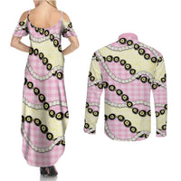 Pink Palaka Hawaii Couples Matching Summer Maxi Dress and Long Sleeve Button Shirt Kukui Nut Pikake Lei Hawaiian Tapa Pattern LT14 - Polynesian Pride