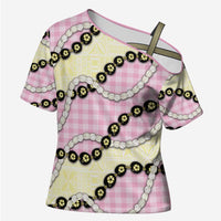 Pink Palaka Hawaii Cross Shoulder Shirt Kukui Nut Pikake Lei Hawaiian Tapa Pattern - Polynesian Pride