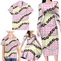 Pink Palaka Hawaii Family Matching Long Sleeve Bodycon Dress and Hawaiian Shirt Kukui Nut Pikake Lei Hawaiian Tapa Pattern LT14 - Polynesian Pride