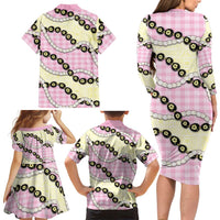 Pink Palaka Hawaii Family Matching Long Sleeve Bodycon Dress and Hawaiian Shirt Kukui Nut Pikake Lei Hawaiian Tapa Pattern LT14 - Polynesian Pride